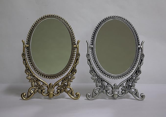 SEHAMANO Vintage Antique Embossed Roses Pattern Makeup Table Mirror, Decorative Oval Shaped Stand Mirror, Vanity Cosmetic Double Sided Rotatable Ellipse Metal Frame Mirror (Brass (Matt Gold), Medium)