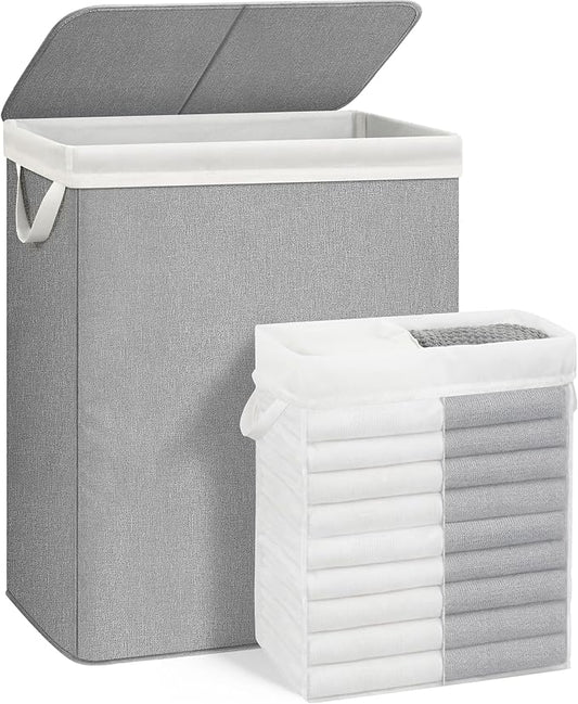 STORAGE MANIAC Double Laundry Hamper with Lid, 140L Tall Metal Frame Laundry Baskets with Removeable Bag, Large Clothes Hamper with PU Tag, Laundry Bin for Dorm, Collage, Bathroom, Bedroom, Gray
