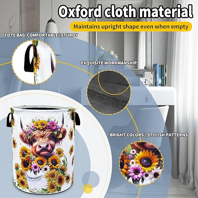 Highland Cow Laundry Basket Sunflower Flower Foldable Oxford Cloth Funny Tote Bag Laundry Hamper Clothes Storage Bucket Toy Organizer For Bathroom/Laundry Storage/Bedroom 18.9x16.5 Inch