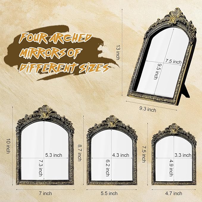 Thyle 4 Pcs Vintage Gold Antique Mirror Set Arch Retro Resin Baroque Decorative Makeup Mirror Square Hanging Wall Desk Tabletop Room Bedroom Bathroom Gallery (13x9 10x7 8x5 7x4) (Dark Color)