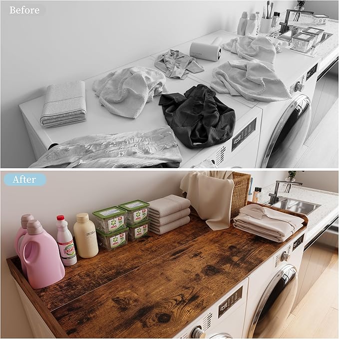 Unionly Washer Dryer countertop with Edge Rails and Non-Slip Mat,Wooden Laundry Countertop for Laundry Room Storage Organization (Rustic Brown, Full)