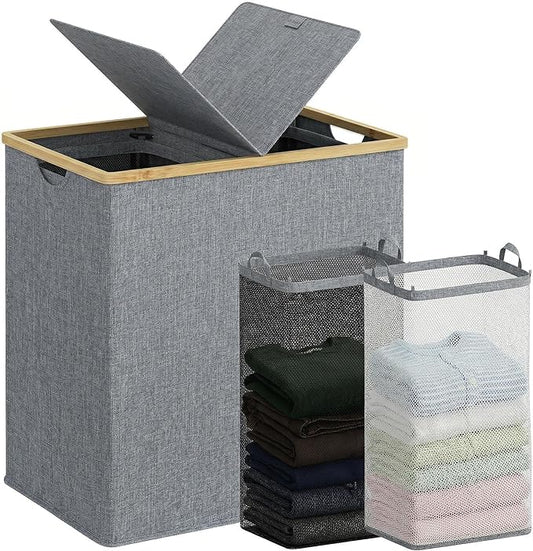 efluky Laundry Hamper with Lid, Double Laundry Hamper with 2 Removable Bags, 2 Section Laundry Basket with Bamboo Handles for Bathroom, Bedroom & Laundry Room, 140L (36.9 Gallon) Blue Grey