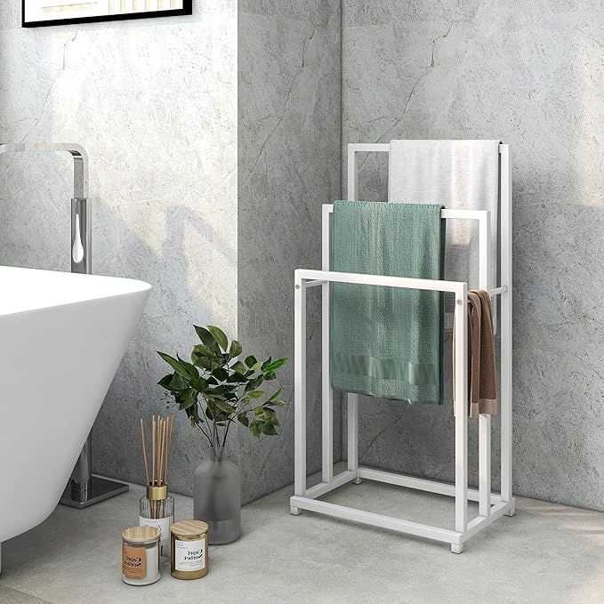 BOFENG 3-Tier White Metal Towel Rack 3 Bars Freestanding Towel Holder Drying Shelf Stand Towel Bar Storage Ladder Bathroom Accessories Organizer Bath Storage,Hand Towel,Washcloth,Kitchen Cloth