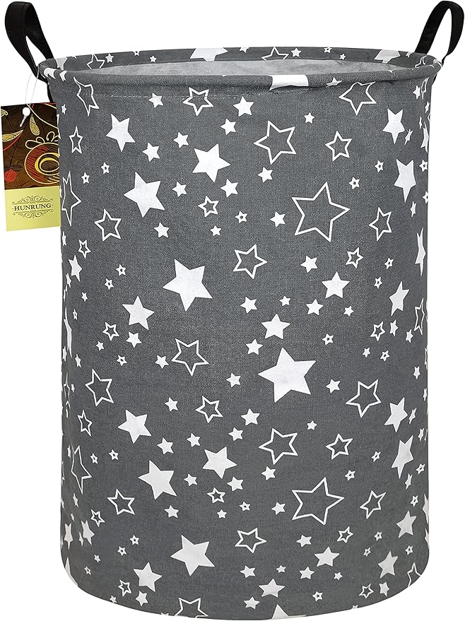 HUNRUNG Laundry Hamper,Large Canvas Fabric Lightweight Storage Basket Toy Organizer Dirty Clothes Collapsible Waterproof for College Dorms, Children Bedroom,Bathroom???Round star???