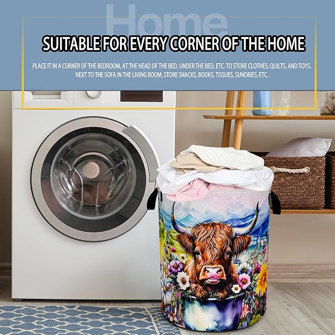 Highland Cow Laundry Basket Colorful Flowers Foldable Oxford Cloth Funny Tote Bag Laundry Hamper Clothes Storage Bucket Toy Organizer For Bathroom/Laundry Storage/Bedroom 18.9x16.5 Inch