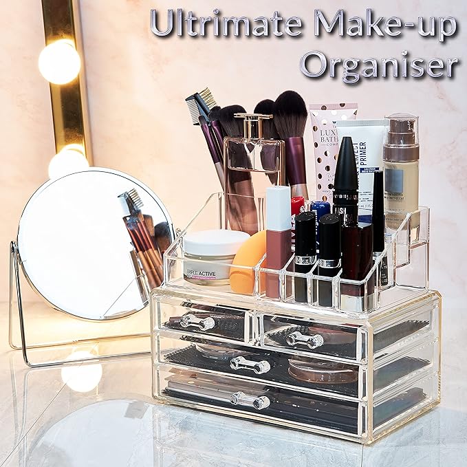 DECO EXPRESS Makeup Organiser for Women Teenagers Acrylic Drawers Makeup Storage 12cm x 24cm x 22cm Clear Bathroom Bedroom Dressing Table Organiser Jewelry Beauty Skincare 4 Tier Cosmetic Storage Box