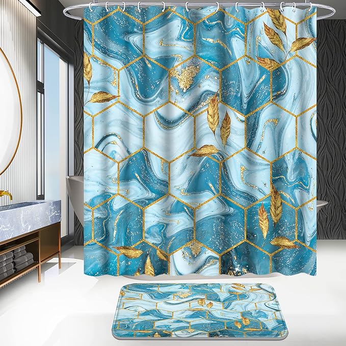 Poedist Shower Curtain Set with Rugs,Bathroom Accessory Set, Including Non-Slip Rugs,Toilet Lid Cover and Bath Mat, Waterproof Shower Curtain with 12 Hooks,Blue and White Honeycomb Marble