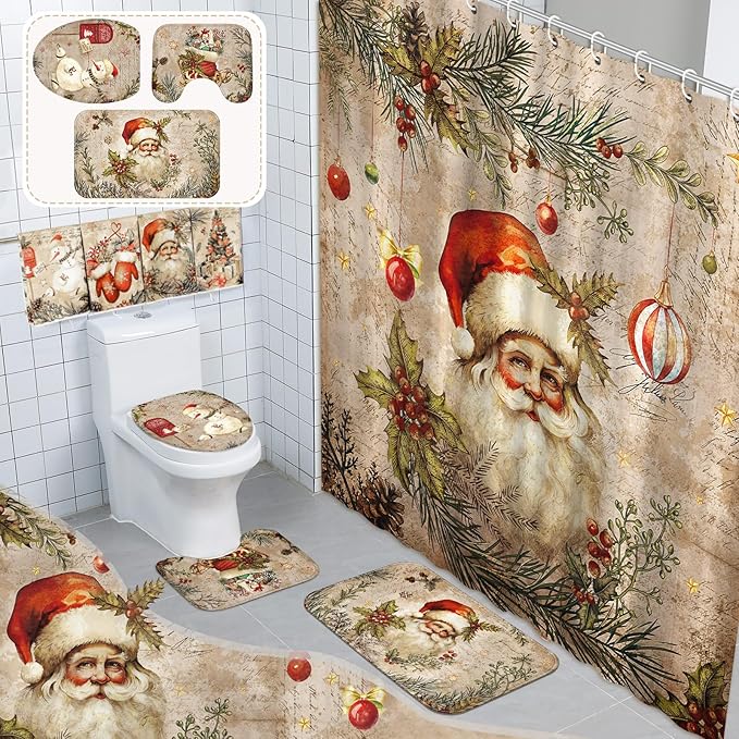 FuWeave 8 Pcs Christmas Shower Curtain Set Xmas Santa Bathroom Decoration Christmas Tree Hand Towels Snowman Toilet Lid Cover Bathroom Rugs Xmas Shower Curtain with Hooks(Santa Claus Style)