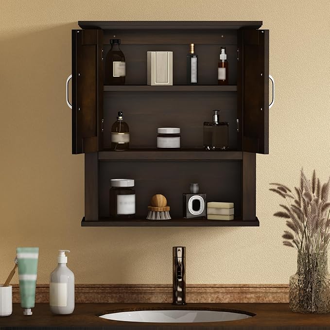 ChooChoo Wood Wall Cabinet with Doors, Medicine Cabinet with Adjustable Shelves Over The Toilet, Rustic Cabinet Wall Mounted for Bathroom, Kitchen, Living Room, Walnut