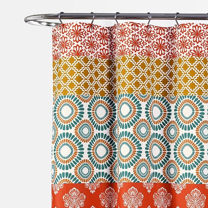 Lush Decor Bohemian Stripe Shower Curtain 72" W x 84" L Turquoise & Orange - Bathroom Curtain - Extra Long Shower Curtain - Boho Decor - Striped Shower Curtains