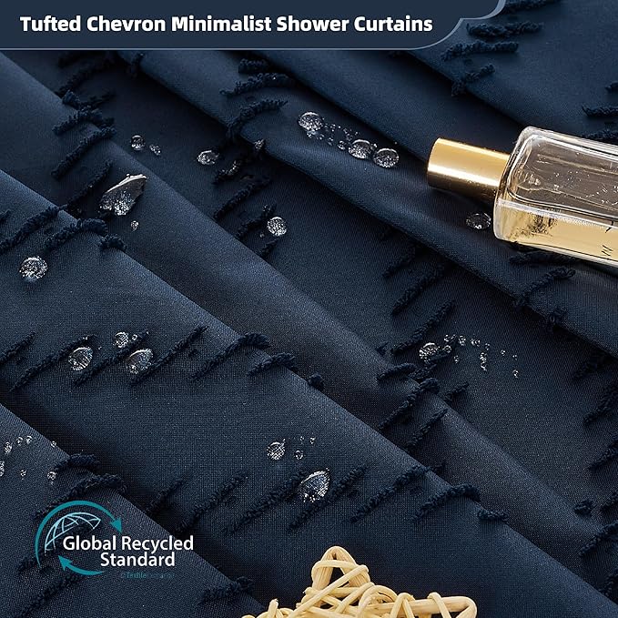 Extra Long Shower Curtains 72 x 84 Inches Tufted Chevron Navy Blue Shower Curtains Fabric for Bathroom Modern Shabby Chic Waterproof Cloth Shower Curtain