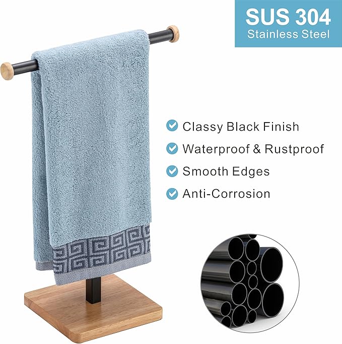ZCDCP Hand Towel Holder Stand, T-Shape Stainless Steel Towel Rack for Bathroom Countertop with Wood Base, Black Freestanding Hand Towel Holder