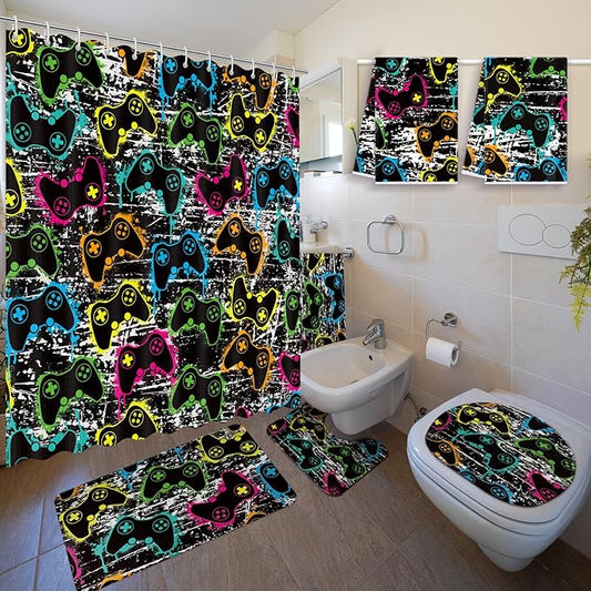 Nuanchu 6 Pcs Game Shower Curtain Set with Rug Bathroom Sets with Shower Curtain Bath Mat U Shaped Mat Toilet Lid Cover 2 Bath Towels and 12 Hooks Game Bathroom Decor