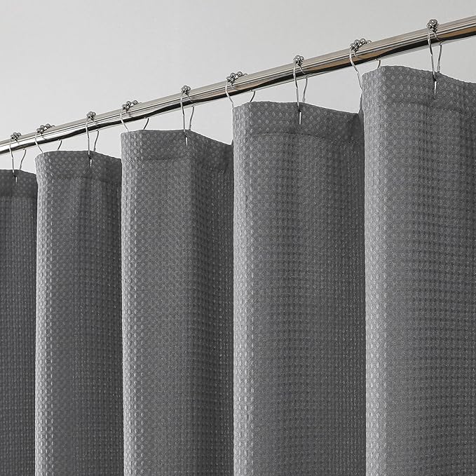 OWENIE Grey Waffle Weave Fabric Shower Curtain, Textured Heavy Cloth Shower Curtains for Bathroom, Water Repellent Soft Hotel Spa Luxury Elegant Bath Curtain, Machine Washable, Grey, 72x78 Inch