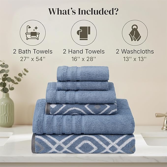 Modern Threads Classic Diamond 6-Piece 100% Cotton Towel Set – Yarn Dyed Jacquard – Includes 2 Bath Towels, 2 Hand Towels, 2 Washcloths – Absorbent, Quick Dry, Soft & Durable – Blue