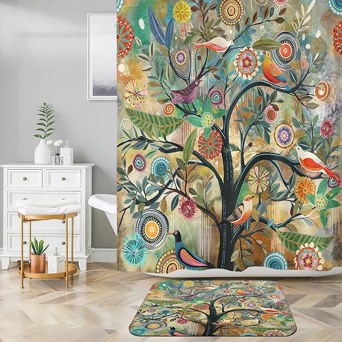 Shower Curtain Set with Non-Slip Quick Dry Rugs16 x 24" and Bathroom Colorful Boho Floral Print Waterproof Fabric Bath Shower Curtain 72" x 72"