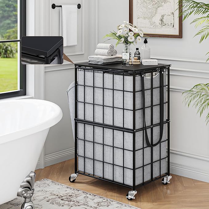 90L Laundry Basket with Wheels, Large Capacity Laundry Hamper with Removable Liner Bags, Heavy Duty Laundry Sorter with Solid Wood Lid & Leather Handles, Grey