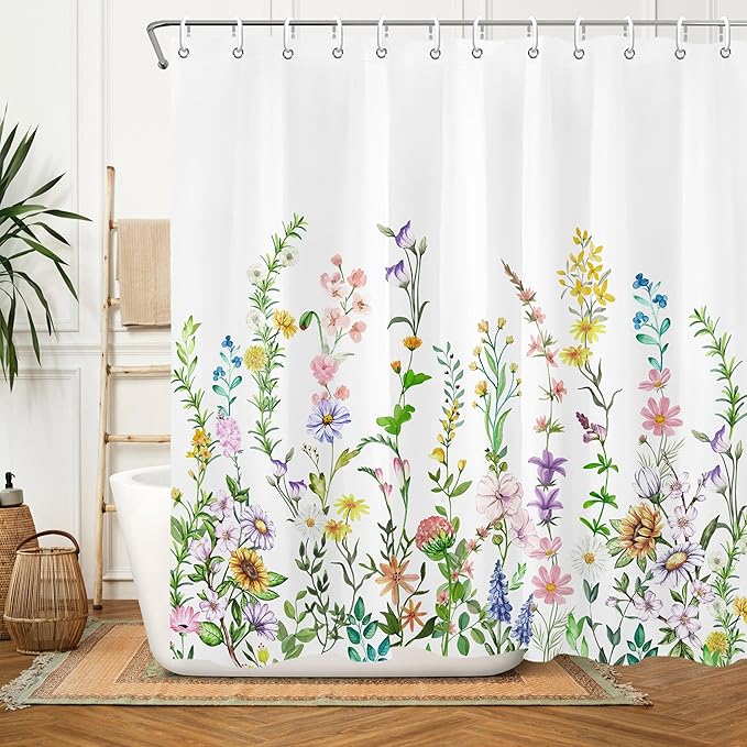 Floral Flower Shower Curtain Pretty Wildflower Bathroom Shower Curtain Set Boho Cute Shower Curtains Cloth Fabric Shower Curtain