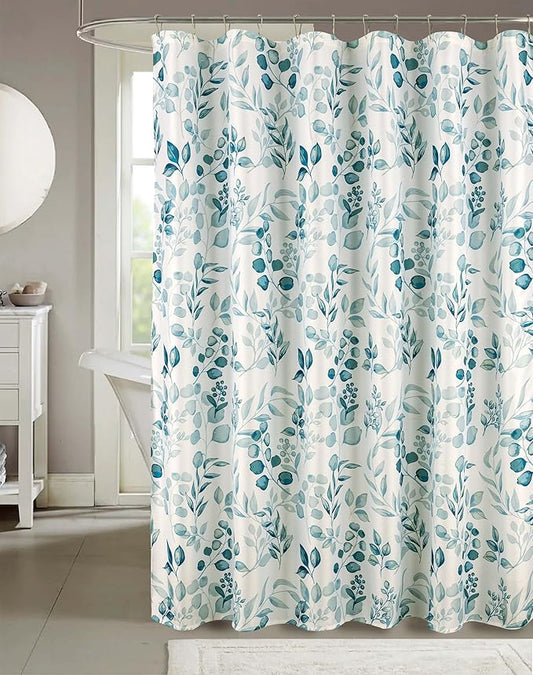 Serafina Home Hotel Quality Fabric Bathroom Shower Curtain: Floral Leaf Damask - Teal, Green and White (72 x 70 inches)