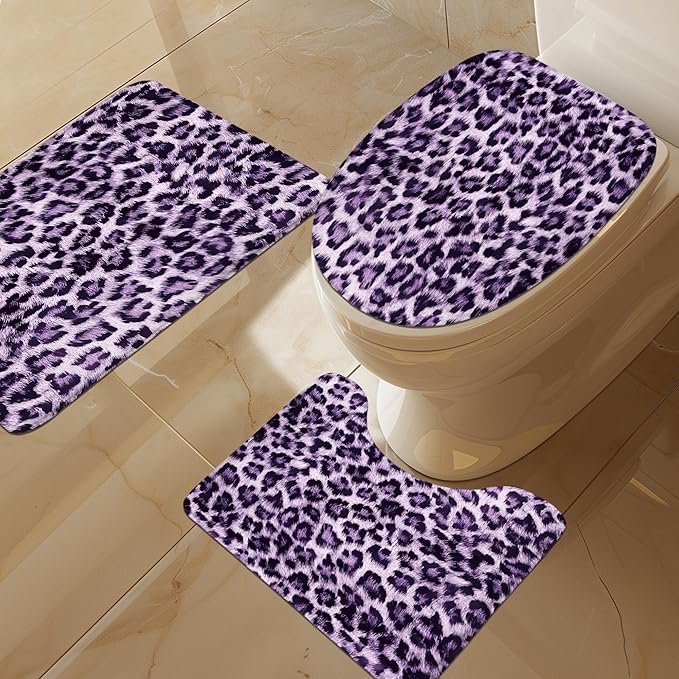 LIGHTINHOME 4 PCS Black Purple Leopard Shower Curtain Set 72Wx72H,Toilet Lid Cover,Non-Slip Rugs and U-Shaped Mat,Wild Cheetah Bathroom Sets with Rugs Shower Accessories 12 Hooks for Bathroom Decor