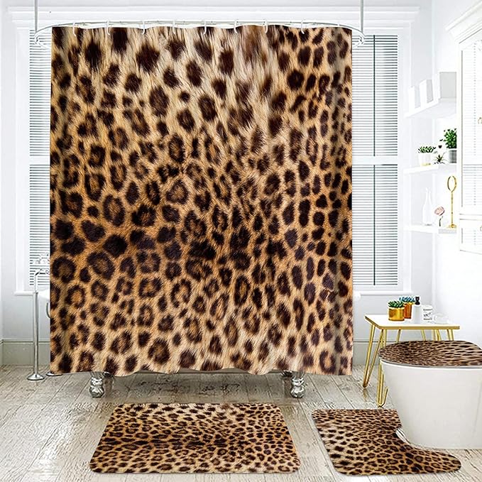 Onalasyc 4 Pcs Leopard Shower Curtain,Cheetah Print Bathroom Set Shower Curtain Sets with Rugs,Brown Animal Print Shower Curtain Bathroom Decor Sets,juego de ba??os de Set completo with 12 Pcs Hook