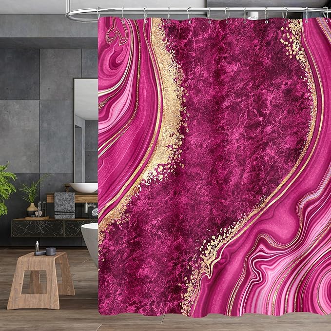 4PCS Pink Gold Marble Bathroom Sets with Shower Curtain and Rugs, Hot Pink Shower Curtain Sets with Rugs, Abstract Bathroom Curtains Shower Set with Accessories