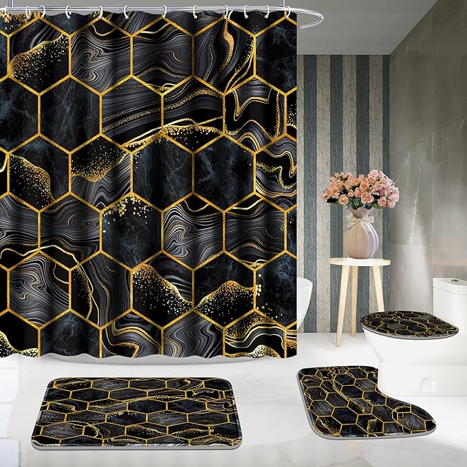 Poedist Shower Curtain Set with Rugs,Bathroom Accessory Set, Including Non-Slip Rugs,Toilet Lid Cover and Bath Mat, Waterproof Shower Curtain with 12 Hooks,Black