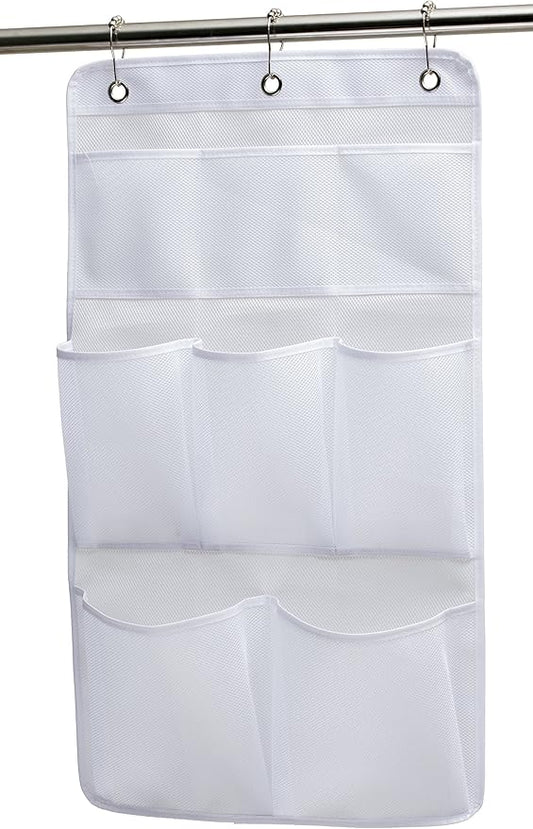 KIMBORA Mesh Shower Organizer Hanging Bathroom Caddy 8 Pockets Hang Curtain Rod with 3 Rings