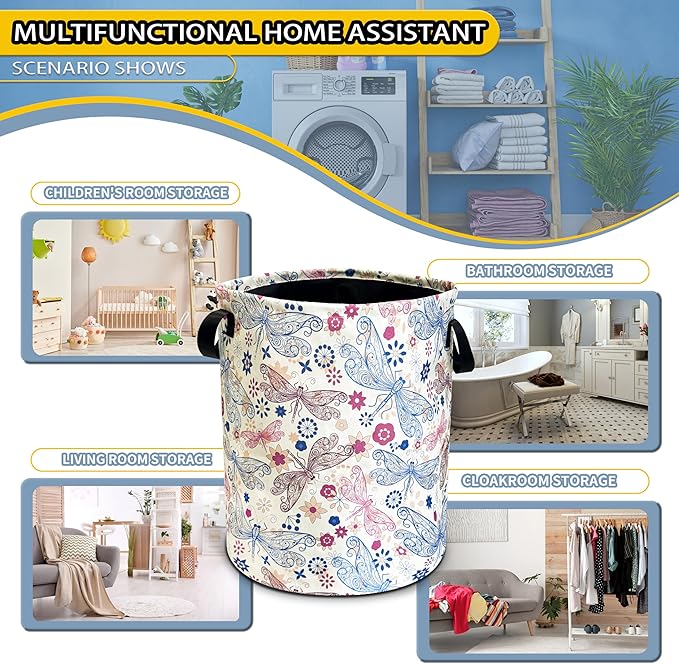 NUTAINLA Dragonfly Laundry Basket Flowers Foldable Oxford Cloth Funny Tote Bag Laundry Hamper Clothes Storage Bucket Toy Organizer For Bathroom/Laundry Storage/Bedroom 18.9x16.5 Inch
