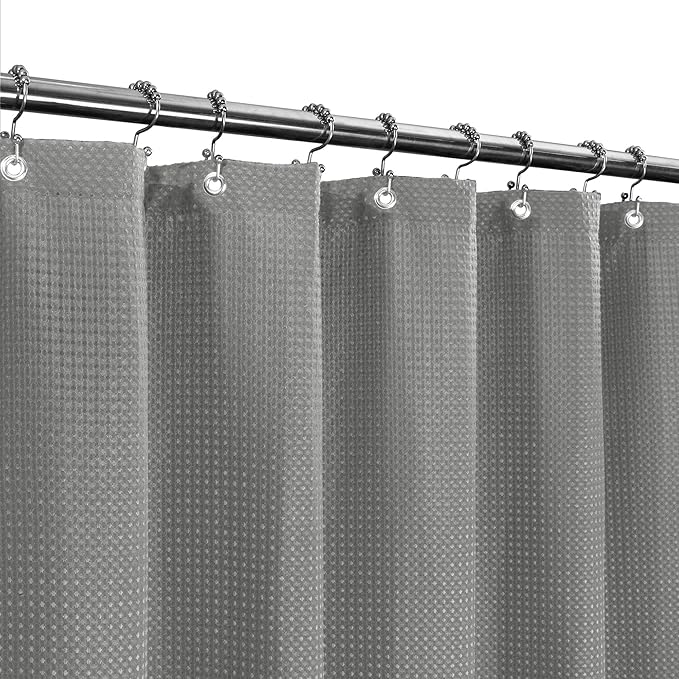 Barossa Design Short Shower Curtain Fabric with 66 inch Length, Waffle Weave, Hotel Luxury Spa, 230 GSM Heavy Duty, Water Repellent, Machine Washable, Gray Pique Pattern Decorative Bathroom Curtain