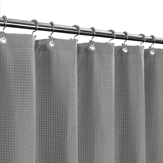 Barossa Design Short Shower Curtain Fabric with 66 inch Length, Waffle Weave, Hotel Luxury Spa, 230 GSM Heavy Duty, Water Repellent, Machine Washable, Gray Pique Pattern Decorative Bathroom Curtain