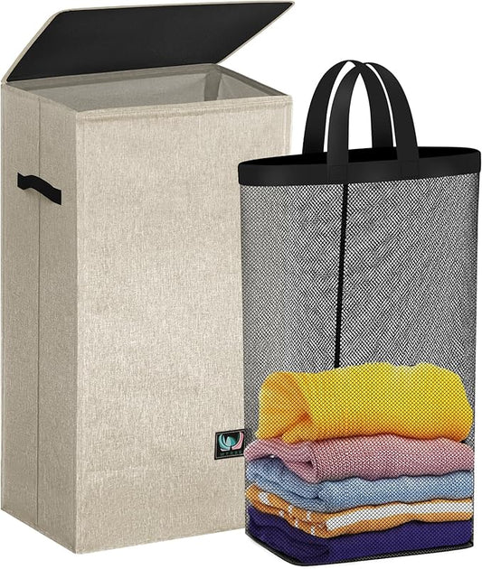 Laundry Hamper with Lid, Reinforced Sturdy Clothes Hamper with Anti-Puncture Base, Large Collapsible Laundry Basket with Removable Liner Bag, Tall Dirty Clothes Bin for Family, 100L Beige