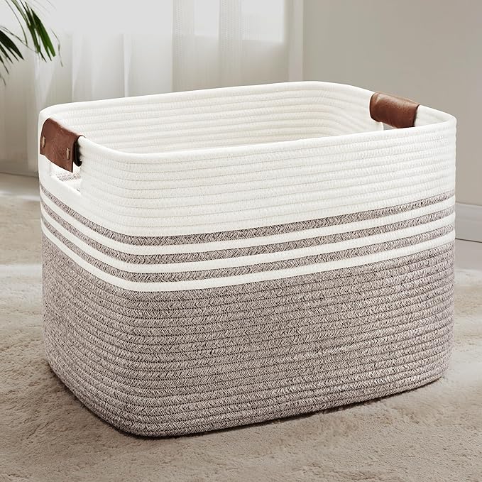 100L Extra Large Laundry Basket with Leather Handles for Living Room Storage,Woven Rope Baskets for Blanket,Kids Toy,Gifts,Wicker Hamper for Bedroom Dirty Clothes,24"x16"x14" Dark Brown