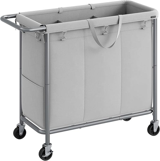 SONGMICS Laundry Basket with Wheels, 3-Section Rolling Laundry Hamper, 52.8 Gallons (200 L), Removable Liner, Steel Frame with Handle, 35.8 x 15.4 x 31.9 Inches, Dove Gray URLS005G01