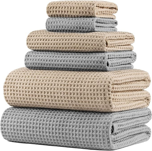 POLYTE 430 GSM Microfiber Quick Dry Lint Free Oversize Bath Towel Set, 6 Piece (Waffle Weave)