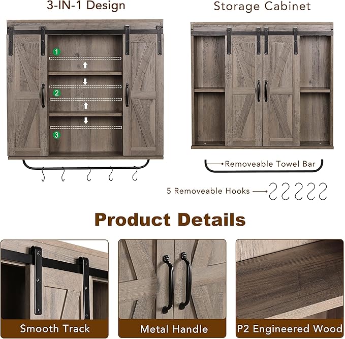 RUSTOWN Rustic Wood Wall Storage Cabinet with Two Sliding Barn Door, 3-Tier Decorative Farmhouse Vintage Cabinet for Kitchen Dining, Bathroom, Living Room, Washed Oak