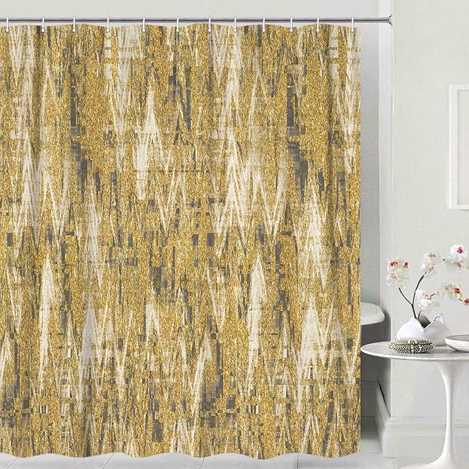 JAWO Gold Shower Curtains for Bathroom, Golden Yellow Glitter Sparkle Bling Waterproof Fabric Decorative Shower Curtain, Washable Luxury Elegant Fancy Glam Metallic Bath Curtain, 90X70IN