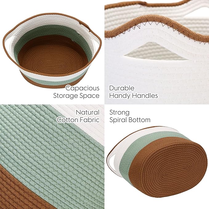 Sea Team Oval Large Cotton Rope Woven Storage Basket with Handles, Diaper Caddy, Baby Shower Basket, Nursery Nappies, Clothes Toys Organizer for Kid's Room, 16 x 13 inches, Green & Brown