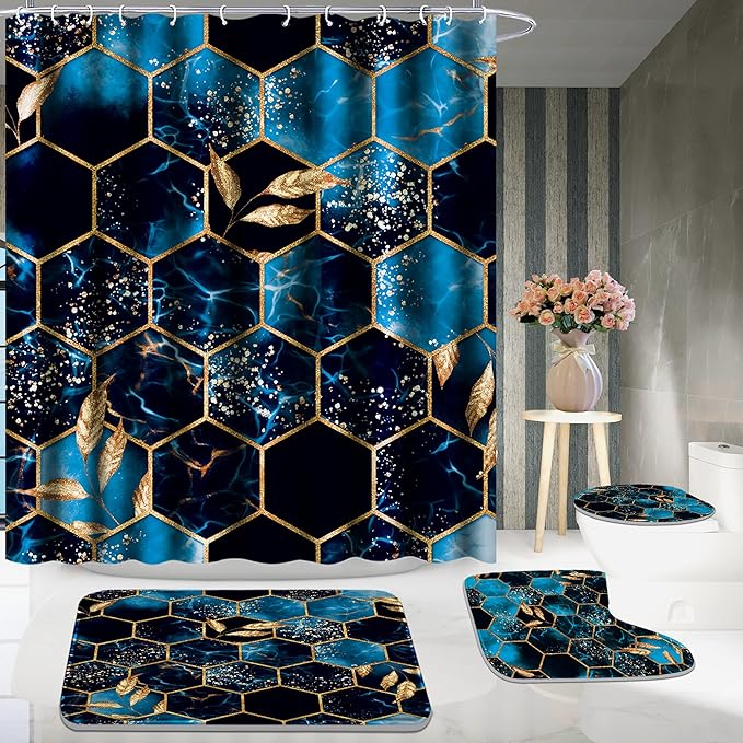 Poedist 4 Pcs Bathroom Shower Curtain Set,Peak Blue Honeycomb Marble Bathroom Sets with Rugs(Bath Mat,U Shape and Toilet Lid Cover Mat) and 12 Hooks