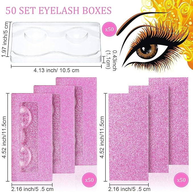 Maitys 50 Sets Empty Lash Case Set, Include Empty Eyelash Box Packaging Storage Box, Eyelash Boxes Tray False Storage, Internal Background Paper(Pink)