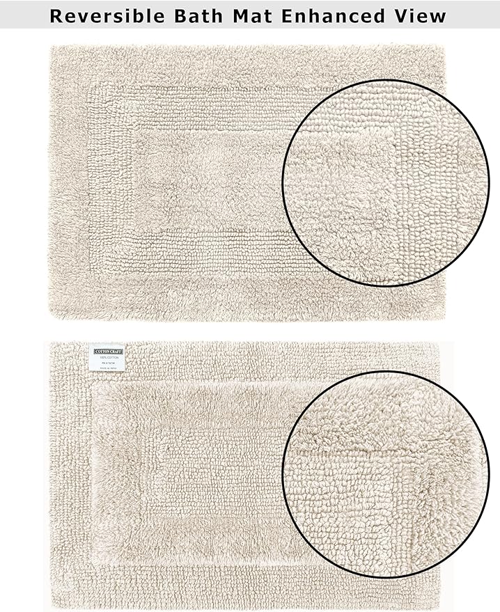 COTTON CRAFT Luxurious Bathmat Rug - Set of 2 Reversible Heavyweight Large Step Out Bath Mats for Bathroom Floor, Tub and Shower - Pure Cotton Soft Plush Absorbent Tufted Racetrack Mat - 20x30 - Linen