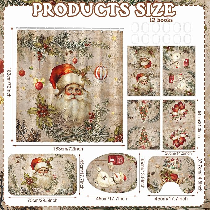 FuWeave 8 Pcs Christmas Shower Curtain Set Xmas Santa Bathroom Decoration Christmas Tree Hand Towels Snowman Toilet Lid Cover Bathroom Rugs Xmas Shower Curtain with Hooks(Santa Claus Style)