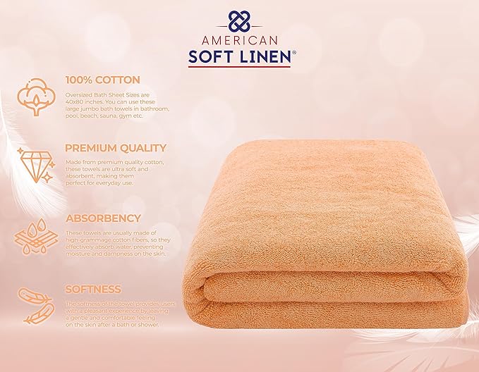American Soft Linen 100% Cotton 600 GSM Turkish 40x80 Oversized Bath Towel Sheet, Extra Large Adult Towels for Bathroom, Malibu Peach Bath Sheet