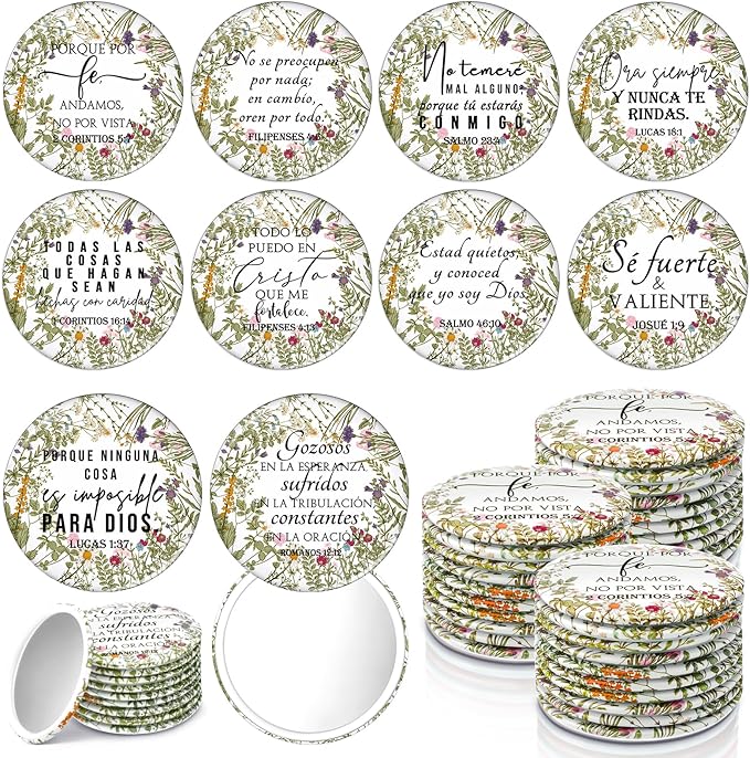 GlikCeil 40 Pcs Christian Compact Mirrors Bulk for Women Inspirational Bible Verse Pocket Mirror Mini Purse Makeup Mirror Christian Church Gift for Mother's Day Mom Church Party Favor (Spanish Bible)