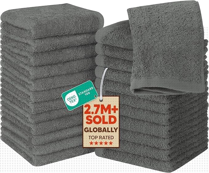 Utopia Towels 24 Pack Cotton Washcloths Set, 100% Ring Spun Cotton, Premium Quality Flannel Face Cloths, Highly Absorbent and Soft Feel Fingertip Towels, Grey