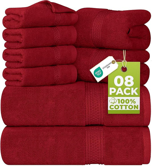 Utopia Towels 8 Piece Luxury Towel Set – Majestic Plush, Super Absorbent & Quicker-to-Dry, Thick 100% Ring Spun Cotton Towels for Bathroom, Spa & Hotel – 2 Bath, 2 Hand, 4 Washcloths,Red