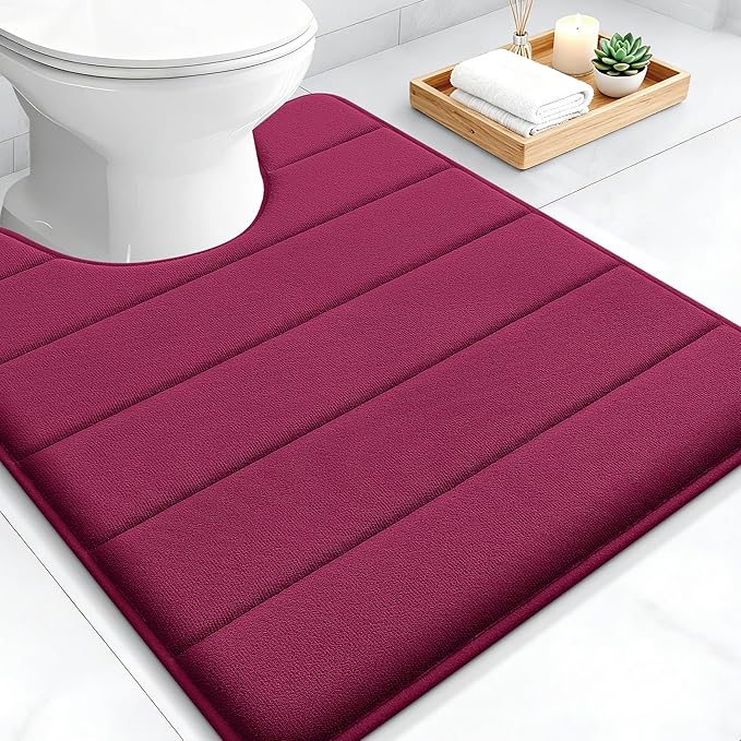OLANLY Memory Foam Toilet Rugs U Shaped 24x20, Super Soft Absorbent Contour Bath Rugs, Quick Dry, Machine Washable Toilet Mat, Bathmat Floor Carpet, Bathroom Home Decor Accessories, Burgundy