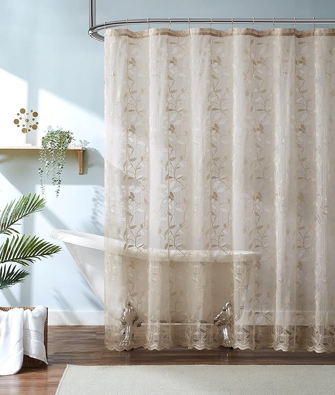 Warm Home Designs Linen Brown Lace Shower Curtain with Rustic Leaf Pattern. 72 x 72 Inch Modern Farmhouse Shower Decor. GR Linen 72"