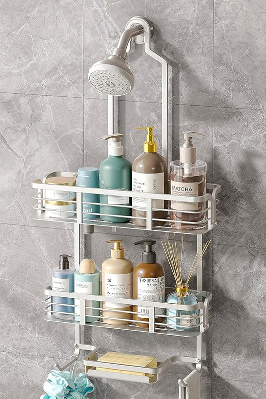Shower Caddy Hanging, Never Rust Aluminum Shower Organizer, Over Showerhead No Drilling Shower Racks, with Soap Holder Multi Hooks Bathroom Storage for Shampoo Sponge,Silvery