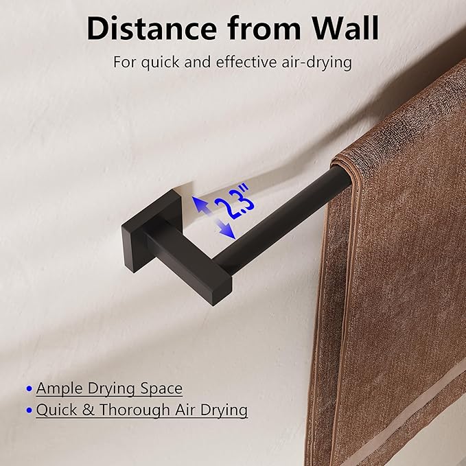 Towel Bar, Adjustable 12.7inch to 23.2inch Wall Mounted Towel Rack for Bathroom, Kitchen, SUS 304 Stainless Steel Towel Rod with Square Base (Matte Black)